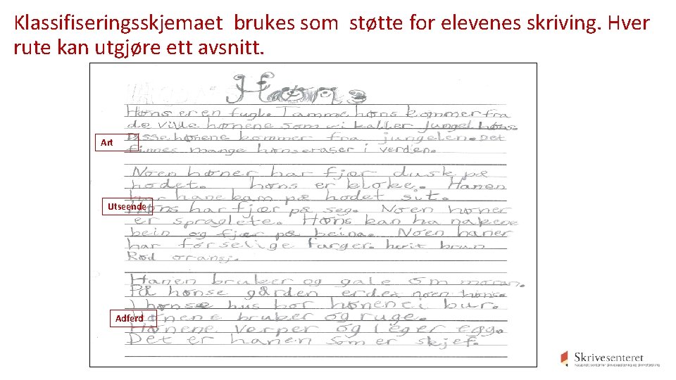 Klassifiseringsskjemaet brukes som støtte for elevenes skriving. Hver rute kan utgjøre ett avsnitt. Art Klassifiseringsskjemaet brukes som støtte for elevenes skriving. Hver rute kan utgjøre ett avsnitt. Art