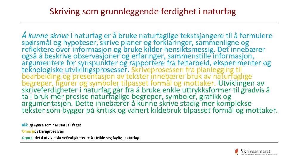 Skriving som grunnleggende ferdighet i naturfag Å kunne skrive i naturfag er å bruke Skriving som grunnleggende ferdighet i naturfag Å kunne skrive i naturfag er å bruke