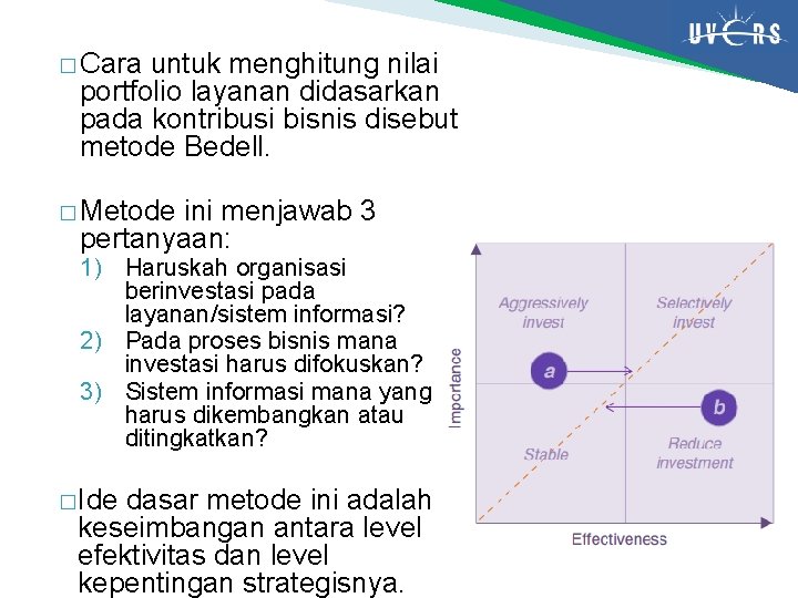 � Cara untuk menghitung nilai portfolio layanan didasarkan pada kontribusi bisnis disebut metode Bedell.