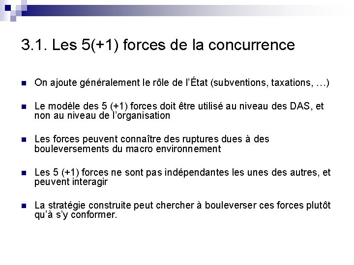 3. 1. Les 5(+1) forces de la concurrence n On ajoute généralement le rôle