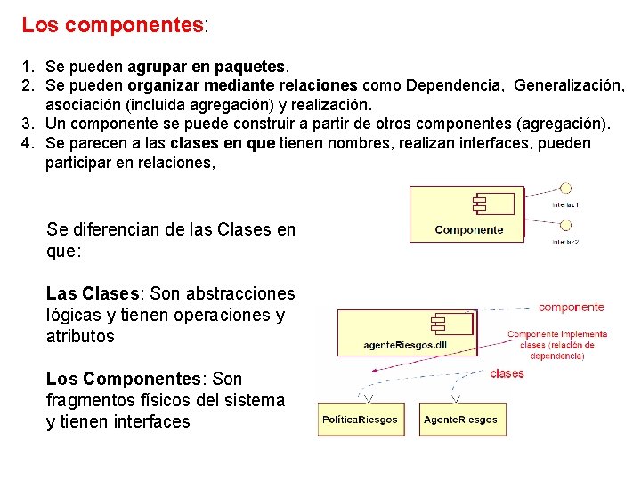 Los componentes: 1. Se pueden agrupar en paquetes. 2. Se pueden organizar mediante relaciones