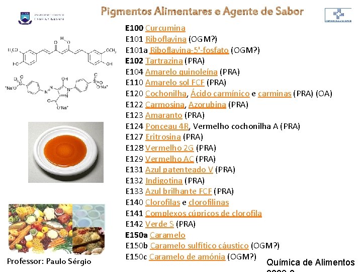 Professor: Paulo Sérgio E 100 Curcumina E 101 Riboflavina (OGM? ) E 101 a