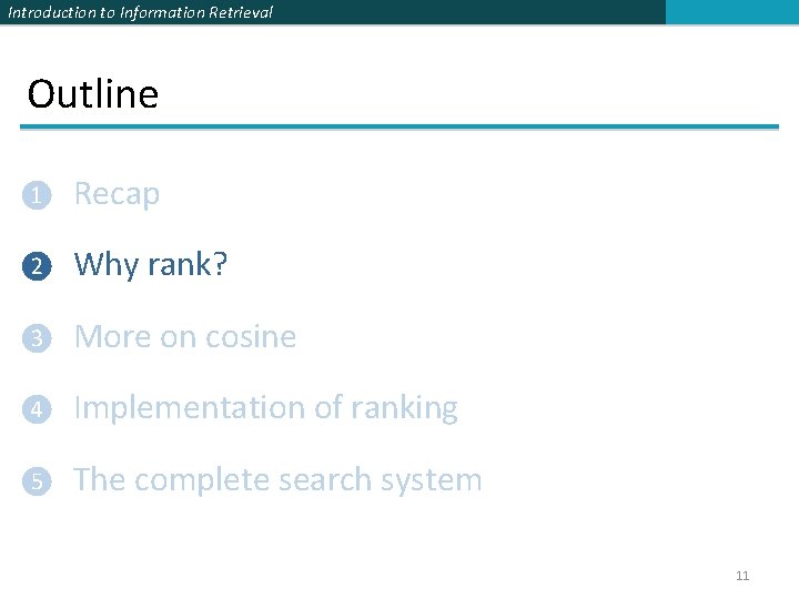 Introduction to Information Retrieval Outline ❶ Recap ❷ Why rank? ❸ More on cosine Introduction to Information Retrieval Outline ❶ Recap ❷ Why rank? ❸ More on cosine