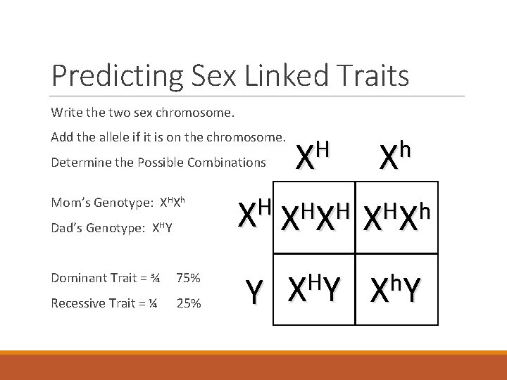 Predicting Sex Linked Traits Write the two sex chromosome. Add the allele if it