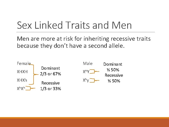 Sex Linked Traits and Men are more at risk for inheriting recessive traits because