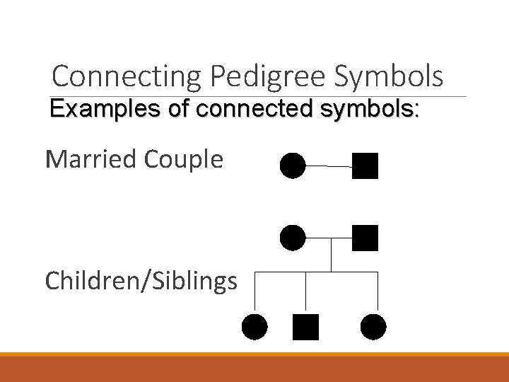 Connecting Pedigree Symbols Examples of connected symbols: Married Couple Children/Siblings 