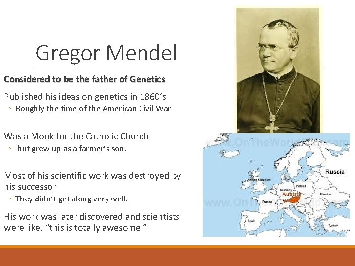 Gregor Mendel Considered to be the father of Genetics Published his ideas on genetics