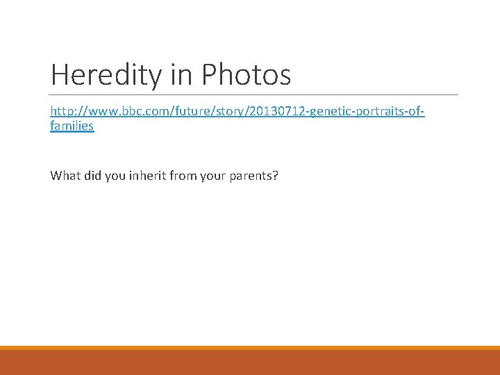 Heredity in Photos http: //www. bbc. com/future/story/20130712 -genetic-portraits-offamilies What did you inherit from your