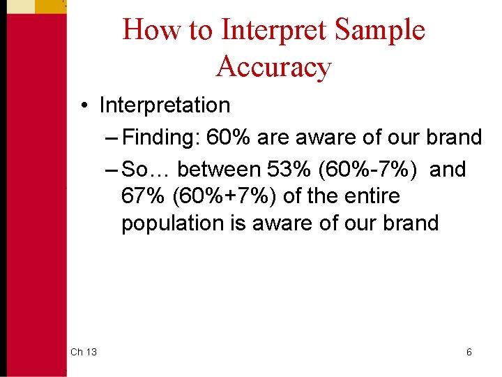 How to Interpret Sample Accuracy • Interpretation – Finding: 60% are aware of our