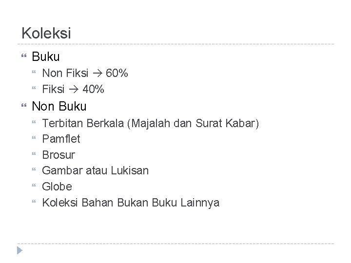 Koleksi Buku Non Fiksi 60% Fiksi 40% Non Buku Terbitan Berkala (Majalah dan Surat