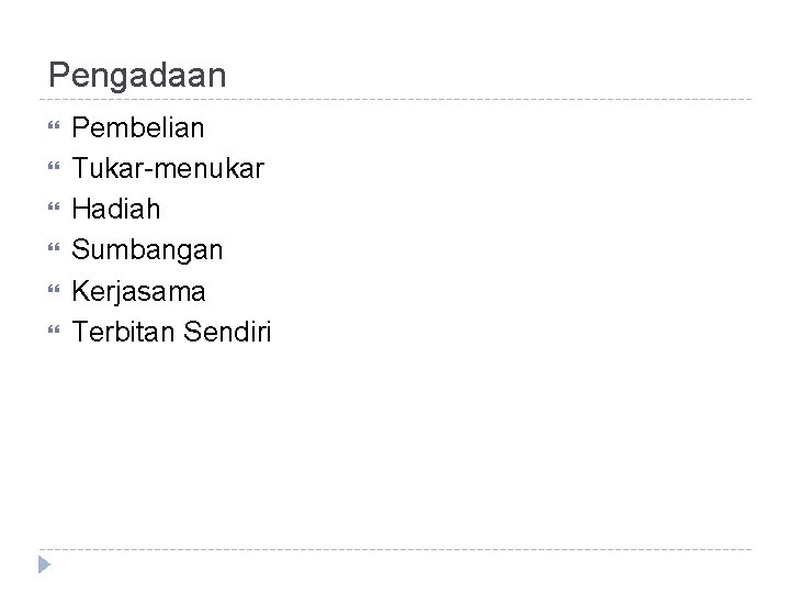 Pengadaan Pembelian Tukar-menukar Hadiah Sumbangan Kerjasama Terbitan Sendiri 