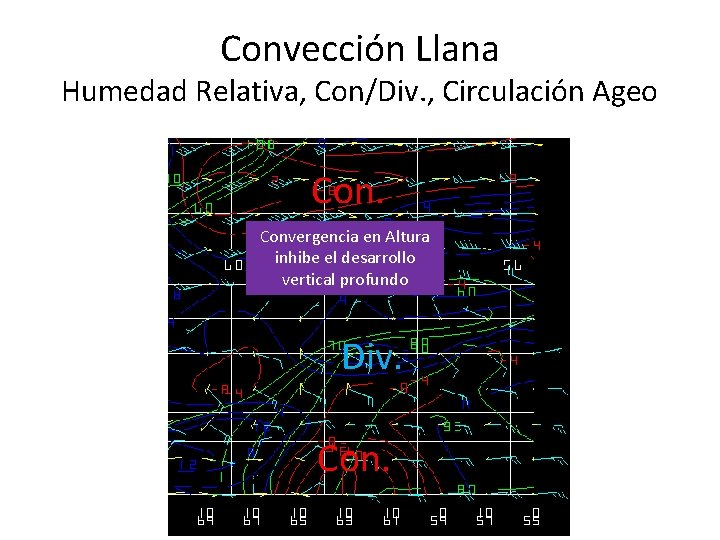 Convección Llana Humedad Relativa, Con/Div. , Circulación Ageo Convergencia en Altura inhibe el desarrollo