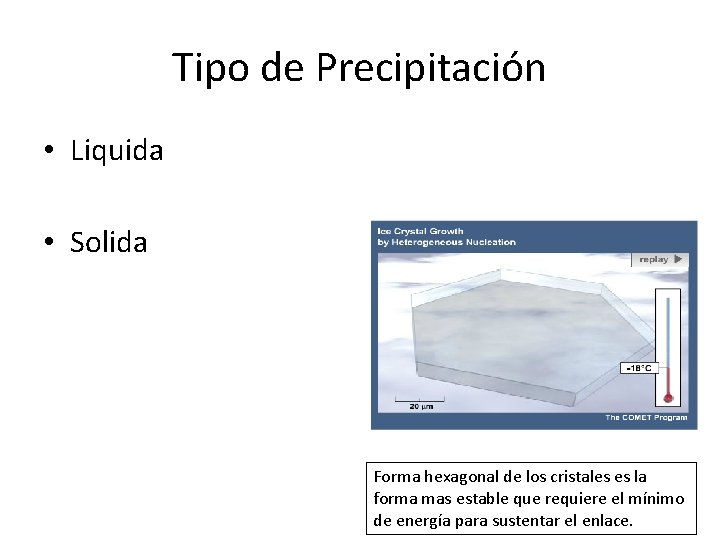 Tipo de Precipitación • Liquida • Solida Forma hexagonal de los cristales es la