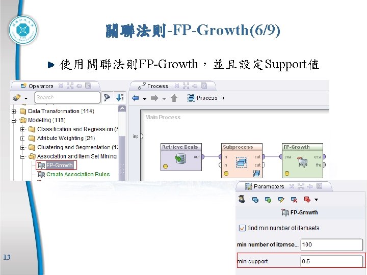 關聯法則-FP-Growth(6/9) 使用關聯法則FP-Growth，並且設定Support值 13 