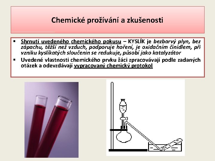 Chemické prožívání a zkušenosti § Shrnutí uvedeného chemického pokusu – KYSLÍK je bezbarvý plyn,