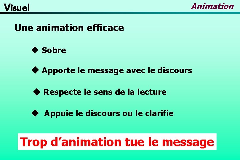 Animation Visuel Une animation efficace u Sobre Apporte le message avec le discours Respecte