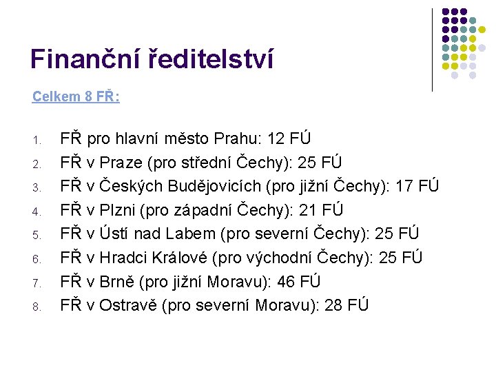 Finanční ředitelství Celkem 8 FŘ: 1. 2. 3. 4. 5. 6. 7. 8. FŘ