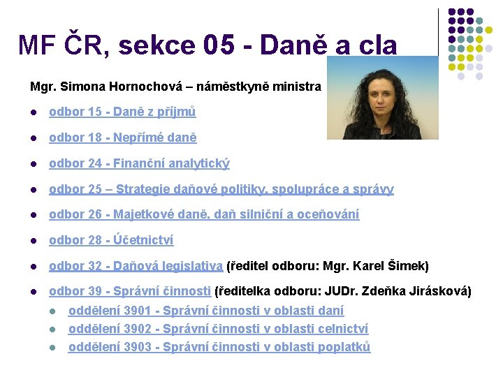 MF ČR, sekce 05 - Daně a cla Mgr. Simona Hornochová – náměstkyně ministra