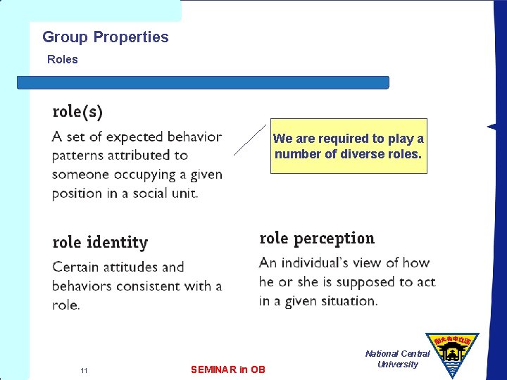 Group Properties Roles We are required to play a number of diverse roles. 11