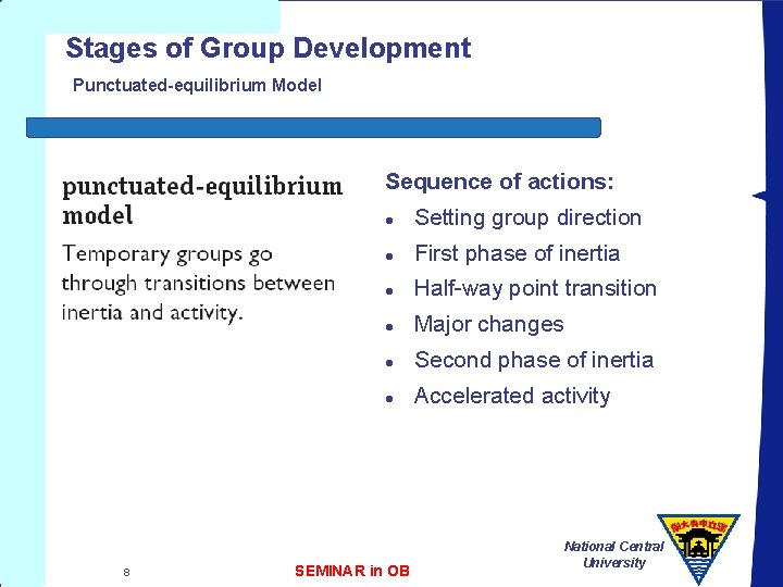 Stages of Group Development Punctuated-equilibrium Model Sequence of actions: 8 l Setting group direction