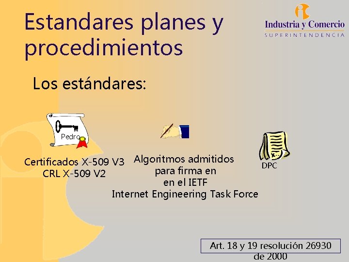 Estandares planes y procedimientos Los estándares: Pedro Certificados X-509 V 3 Algoritmos admitidos DPC