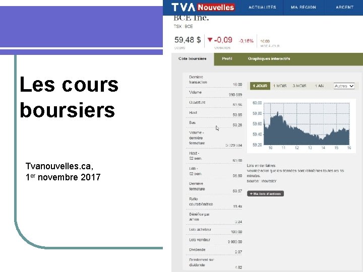 Les cours boursiers Tvanouvelles. ca, 1 er novembre 2017 