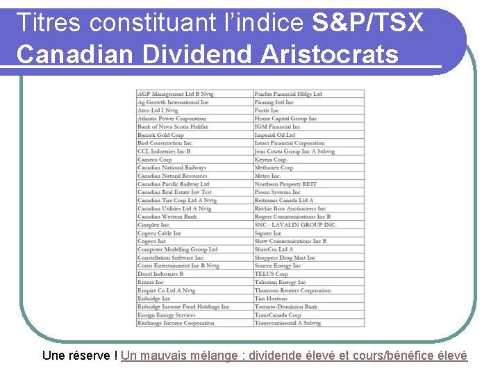 Titres constituant l’indice S&P/TSX Canadian Dividend Aristocrats Une réserve ! Un mauvais mélange :