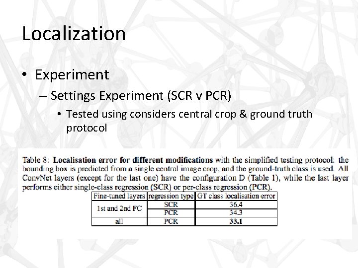 Localization • Experiment – Settings Experiment (SCR v PCR) • Tested using considers central