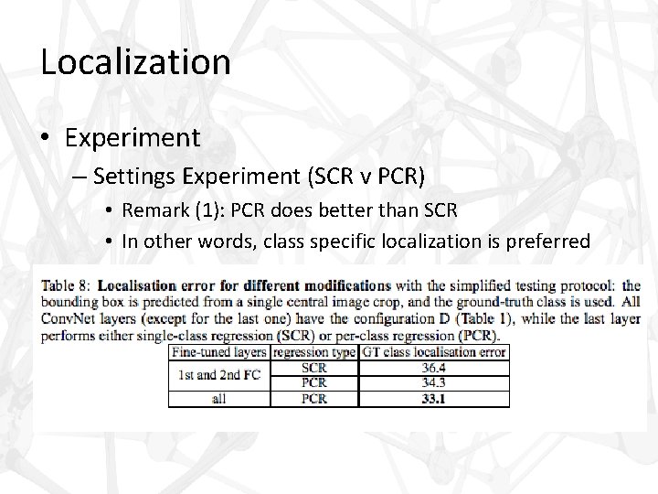 Localization • Experiment – Settings Experiment (SCR v PCR) • Remark (1): PCR does