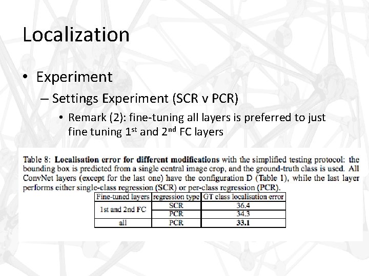 Localization • Experiment – Settings Experiment (SCR v PCR) • Remark (2): fine-tuning all