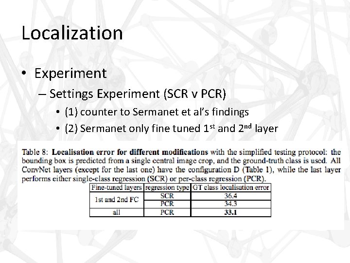 Localization • Experiment – Settings Experiment (SCR v PCR) • (1) counter to Sermanet