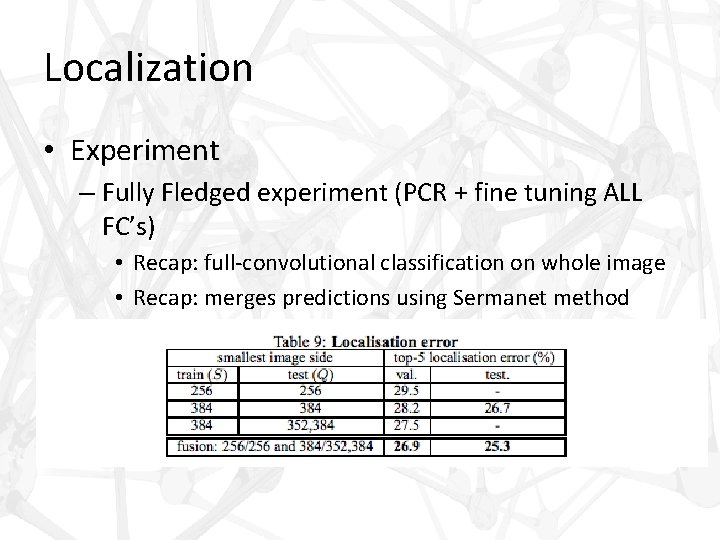 Localization • Experiment – Fully Fledged experiment (PCR + fine tuning ALL FC’s) •