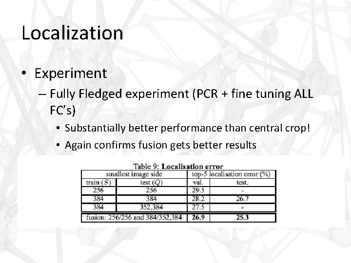 Localization • Experiment – Fully Fledged experiment (PCR + fine tuning ALL FC’s) •