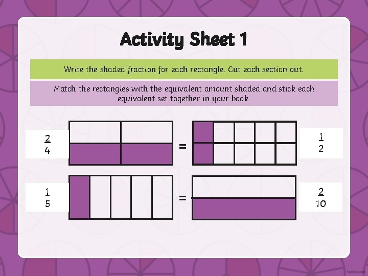 Activity Sheet 1 Write the shaded fraction for each rectangle. Cut each section out.