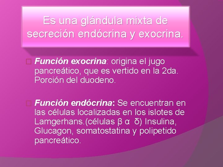 Es una glándula mixta de secreción endócrina y exocrina. � Función exocrina: origina el