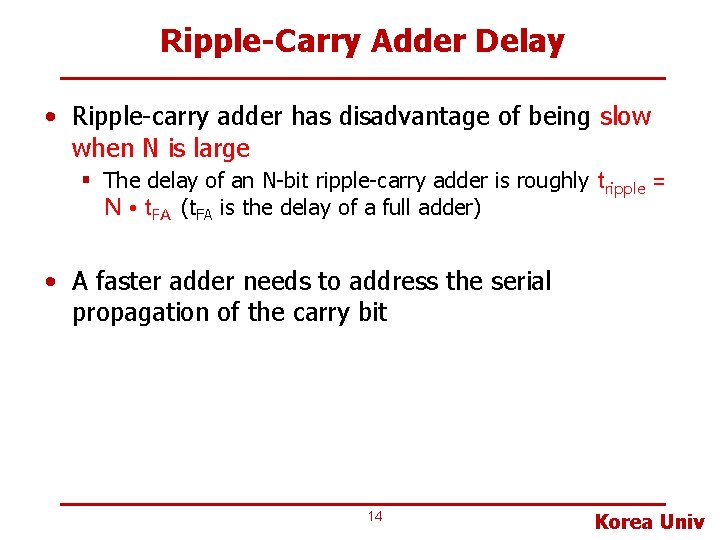 Ripple-Carry Adder Delay • Ripple-carry adder has disadvantage of being slow when N is