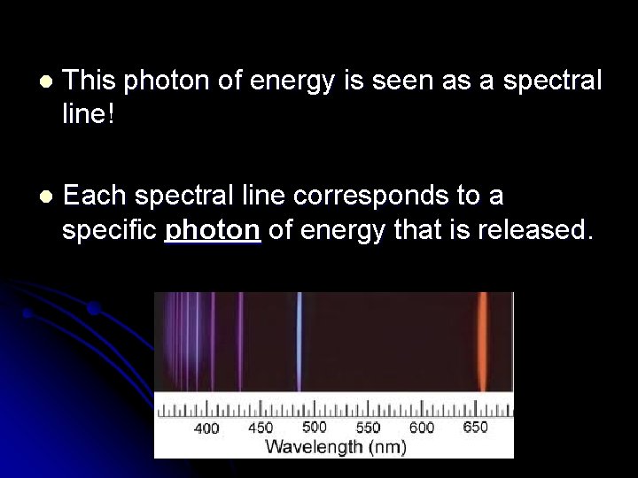 l This photon of energy is seen as a spectral line! l Each spectral