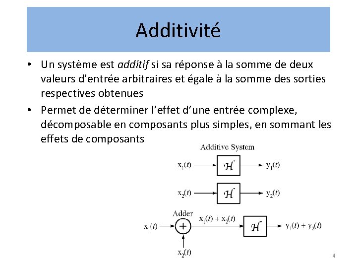 Additivité • Un système est additif si sa réponse à la somme de deux Additivité • Un système est additif si sa réponse à la somme de deux