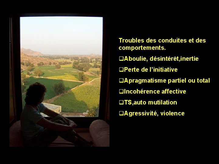 Troubles des conduites et des comportements. q. Aboulie, désintérêt, inertie q. Perte de l’initiative