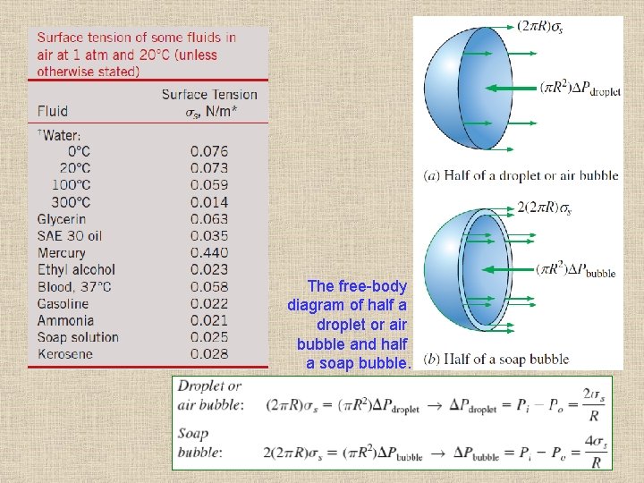 The free-body diagram of half a droplet or air bubble and half a soap