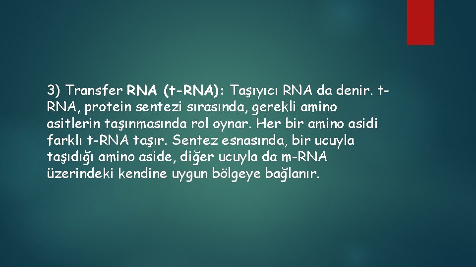 3) Transfer RNA (t-RNA): Taşıyıcı RNA da denir. t. RNA, protein sentezi sırasında, gerekli