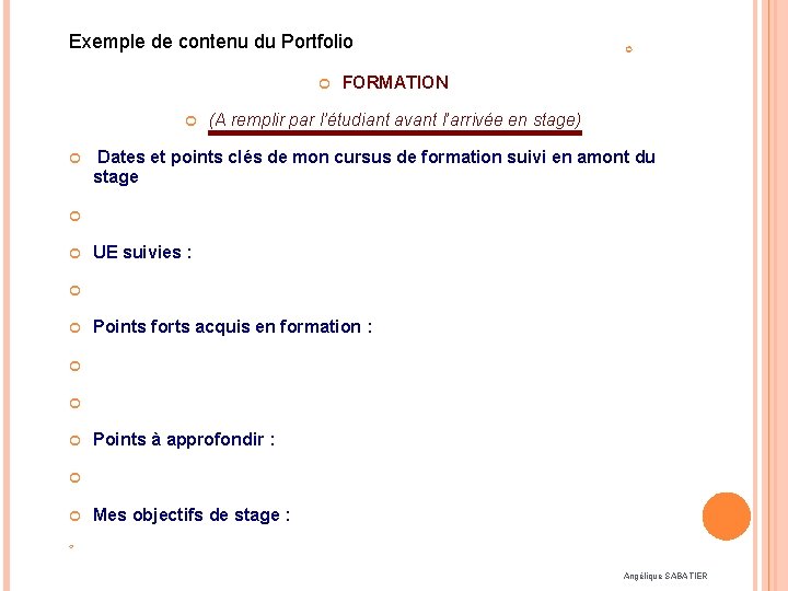 Exemple de contenu du Portfolio Stage n° FORMATION (A remplir par l’étudiant avant l’arrivée