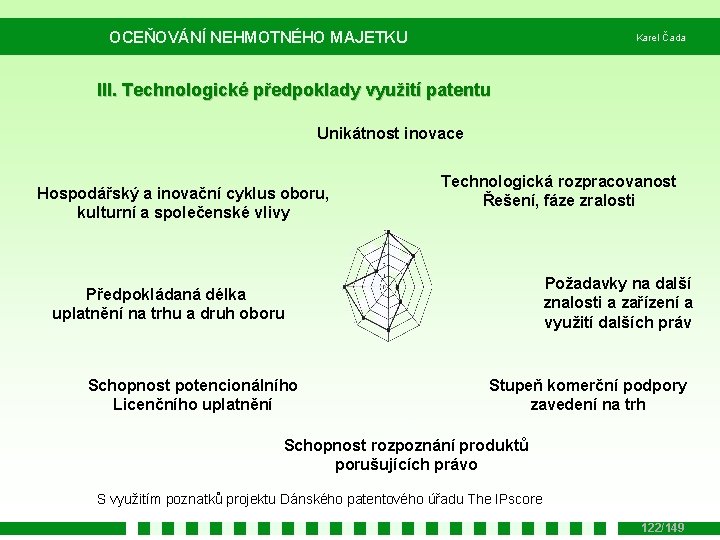 OCEŇOVÁNÍ NEHMOTNÉHO MAJETKU Karel Čada III. Technologické předpoklady využití patentu Unikátnost inovace Hospodářský a