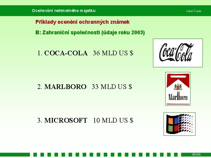 Oceňování nehmotného majetku Karel Čada Příklady ocenění ochranných známek B: Zahraniční společnosti (údaje roku