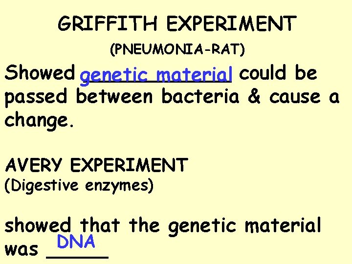 GRIFFITH EXPERIMENT (PNEUMONIA-RAT) Showed genetic ______ material could be passed between bacteria & cause