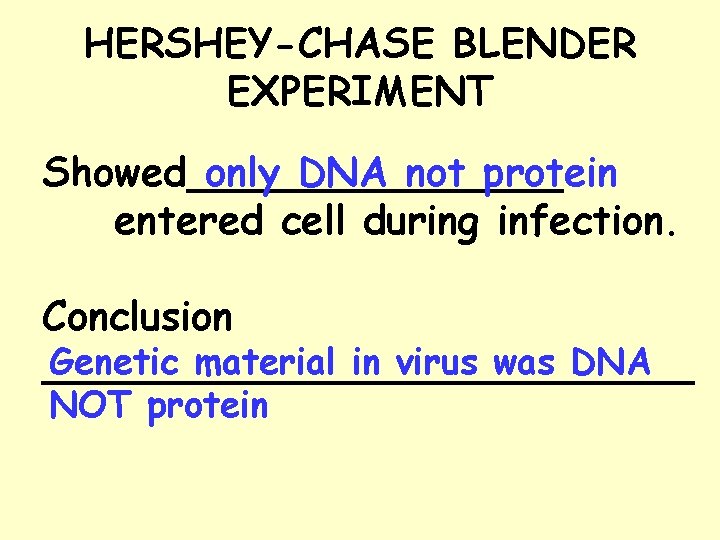 HERSHEY-CHASE BLENDER EXPERIMENT only DNA not protein Showed________ entered cell during infection. Conclusion Genetic