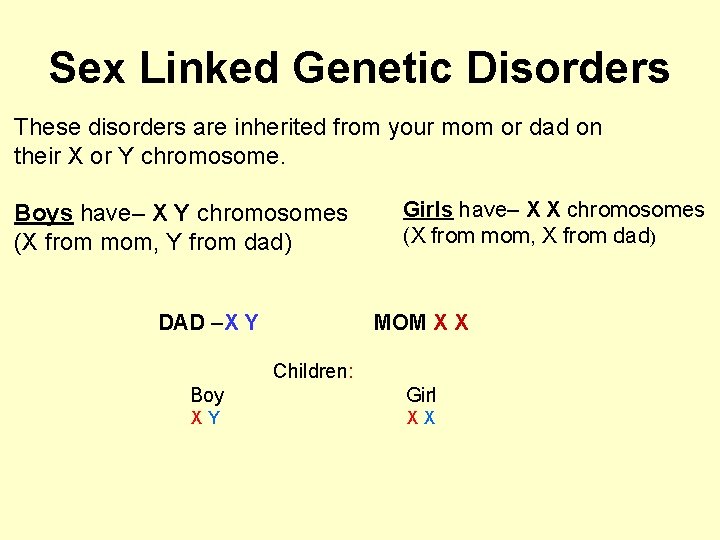 Sex Linked Genetic Disorders These disorders are inherited from your mom or dad on