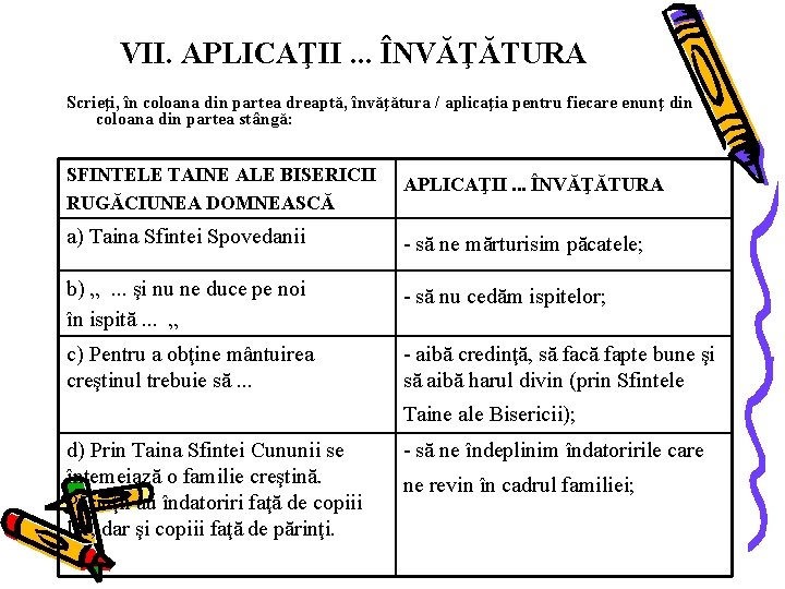 VII. APLICAŢII. . . ÎNVĂŢĂTURA Scrieţi, în coloana din partea dreaptă, învăţătura / aplicaţia