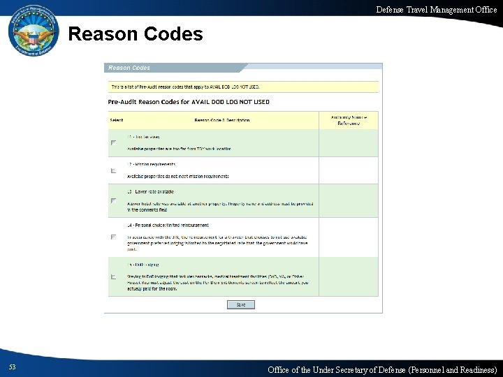 Defense Travel Management Office Reason Codes 53 Office of the Under Secretary of Defense