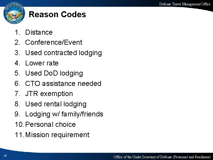 Defense Travel Management Office Reason Codes 1. Distance 2. Conference/Event 3. Used contracted lodging